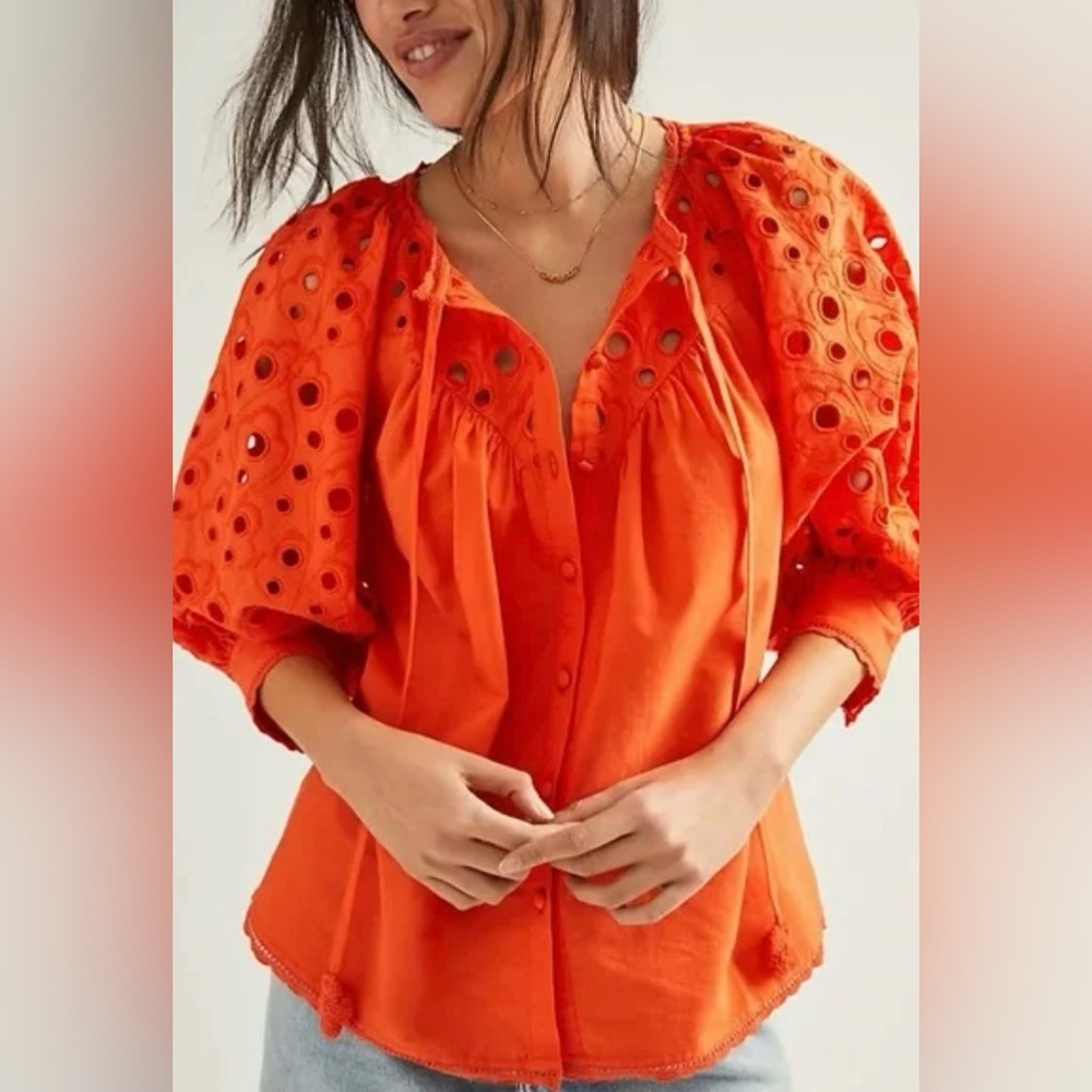 Anthropologie Orange Chantal Eyelet Blouse size large